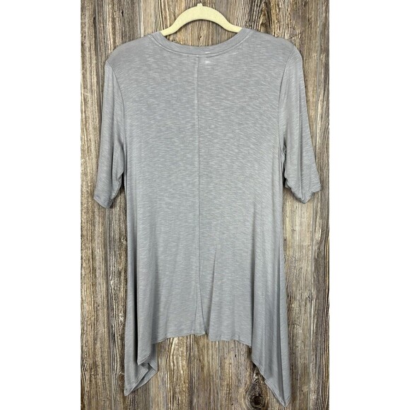 LOGO Lori Goldstein Blouse MED‎ V-Neck Sharkbite Hem Grey Stretchy Casual Comfy - Picture 5 of 12